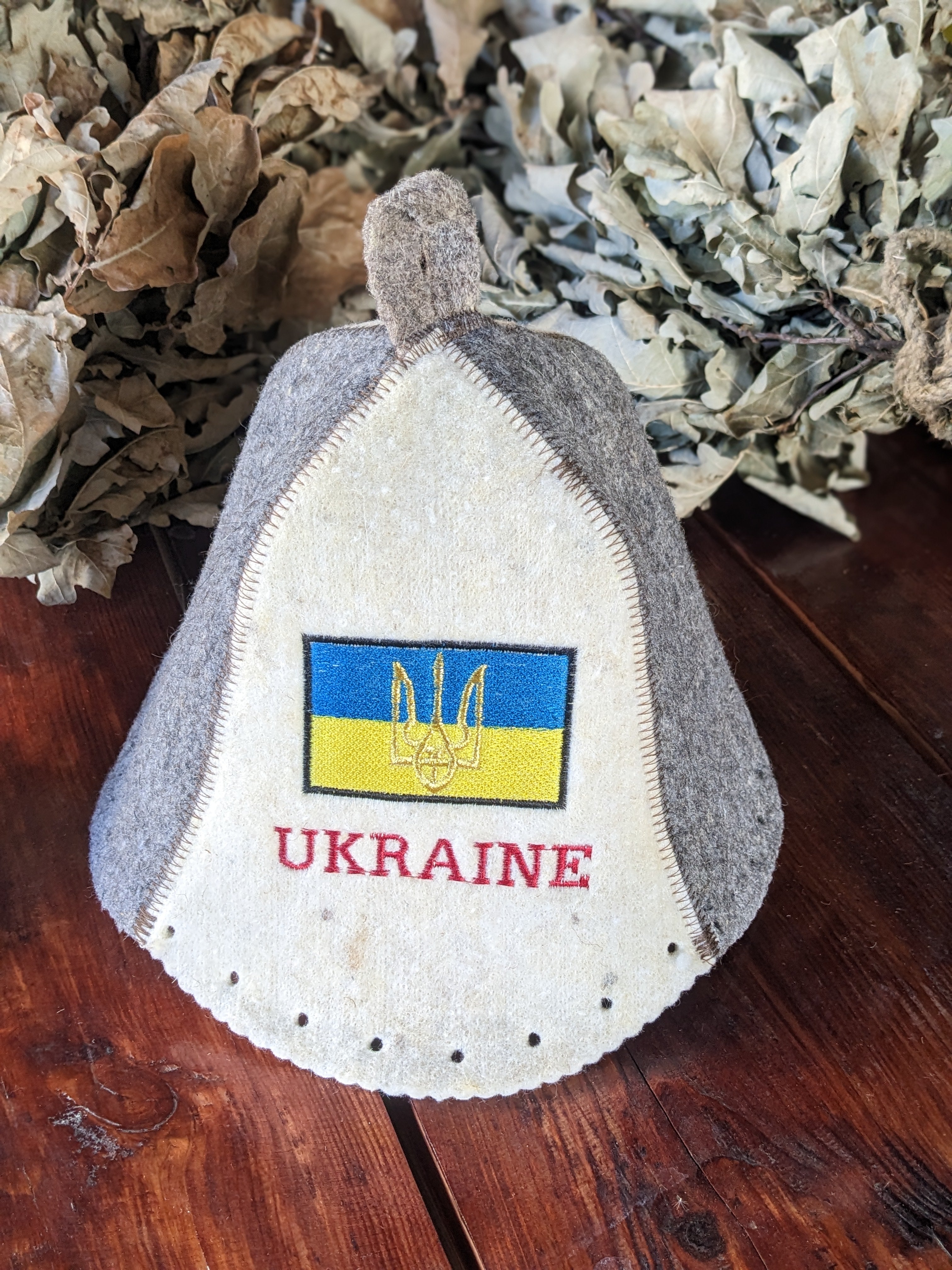 Sauna Hat with Ukrainian Flag and Trident Embroidery